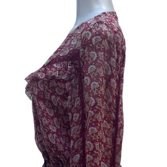 American Eagle Outfitters Blouse Women's Medium Burgundy Floral Chiffon Ruffle - Picture 11 of 13